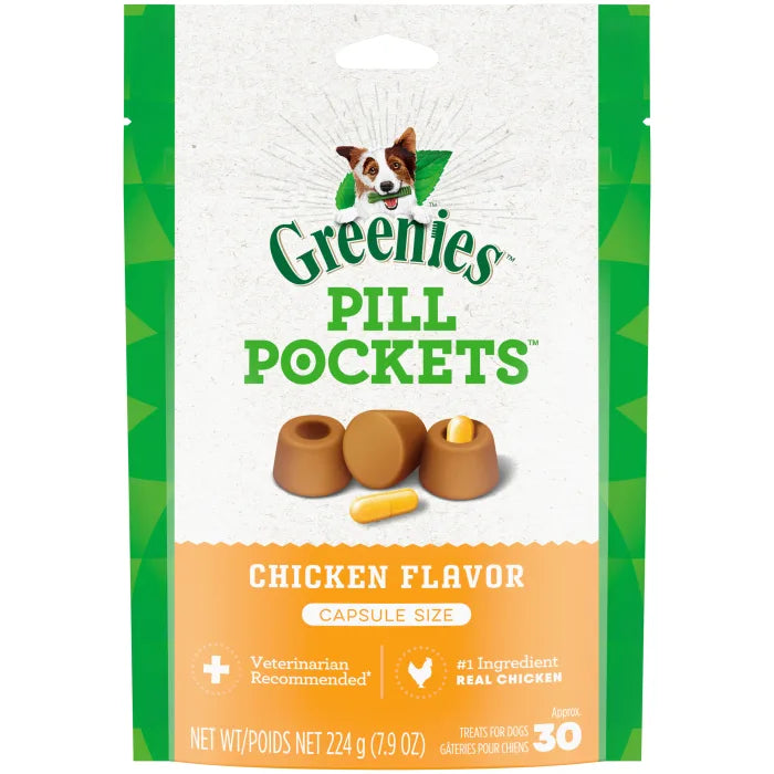 - Pet tear stain cleaning wipesGREENIES Chicken Flavored Capsule Pill Pockets, 30 Count