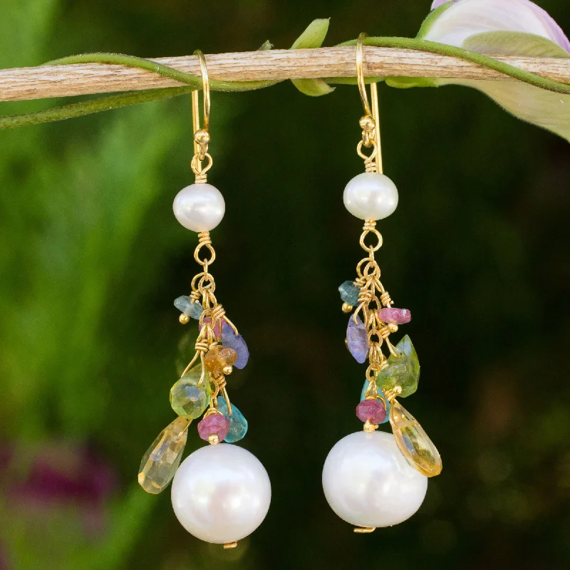 - Car dog seat beltRainbow Waterfall Pearls and Gemstones on 24k Gold Plated Hook Earrings